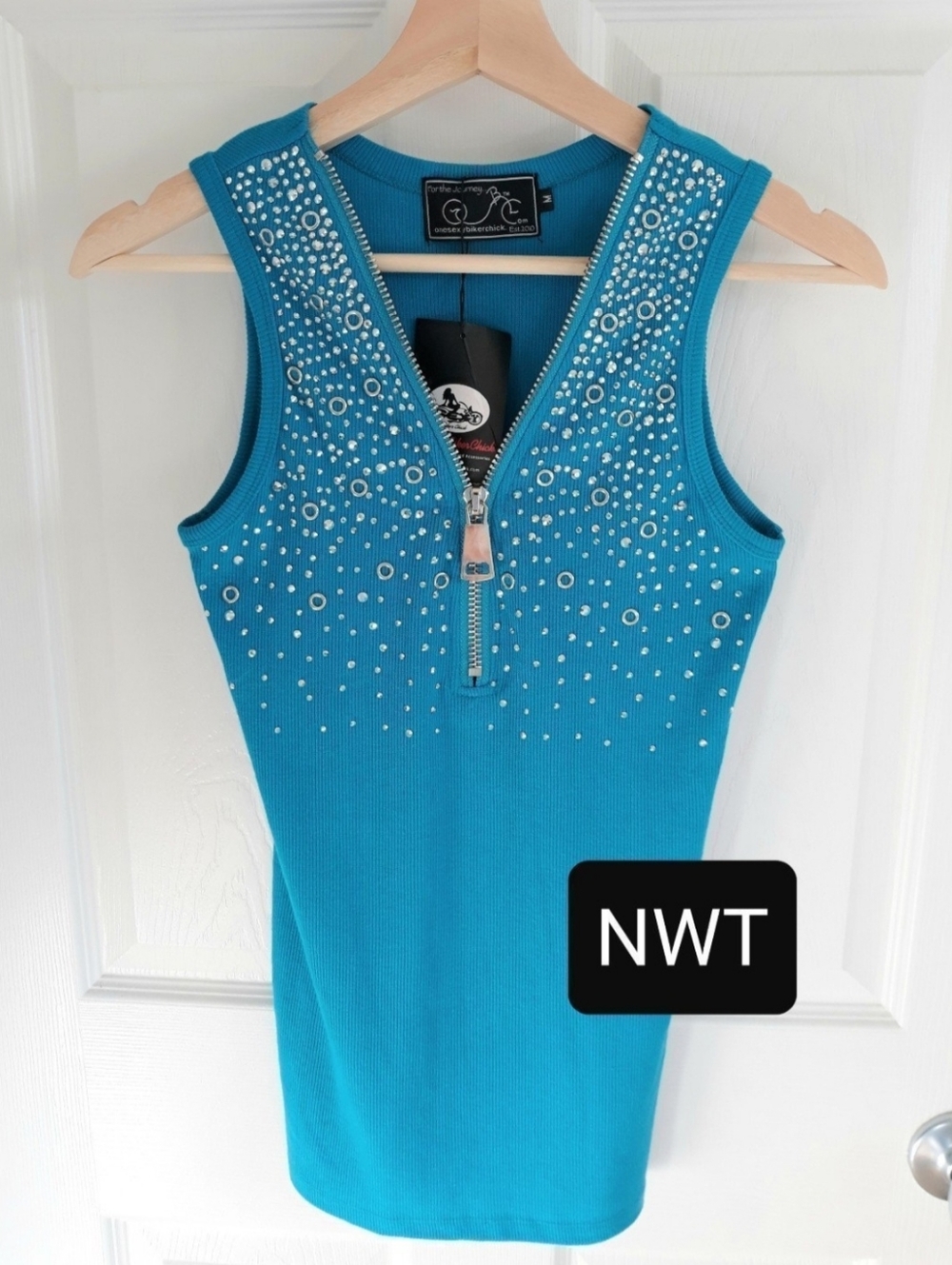 NWT One Sexy Biker Chick Women's Bling Ribbed Tank Top Sz M Teal Sturgis Y2K
